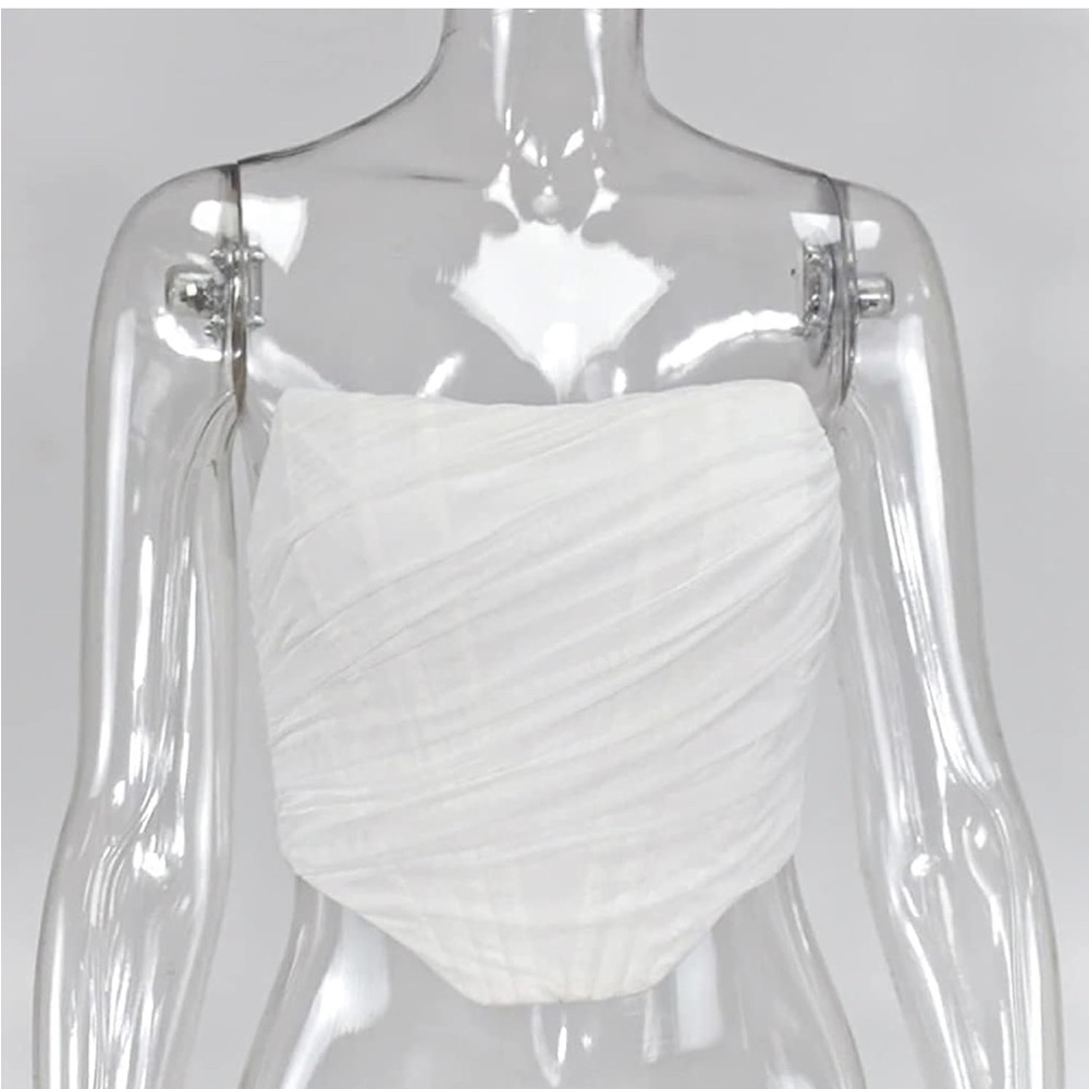 White Open Back Boned Mesh Bustier Zip Back Corset Bodyshaper Crop Top Sz 6-8